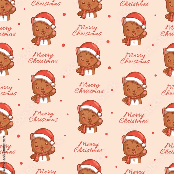 Obraz Seamless vector Christmas pattern with a cat in a Santa hat and the inscription "Merry Christmas", funny vector illustration