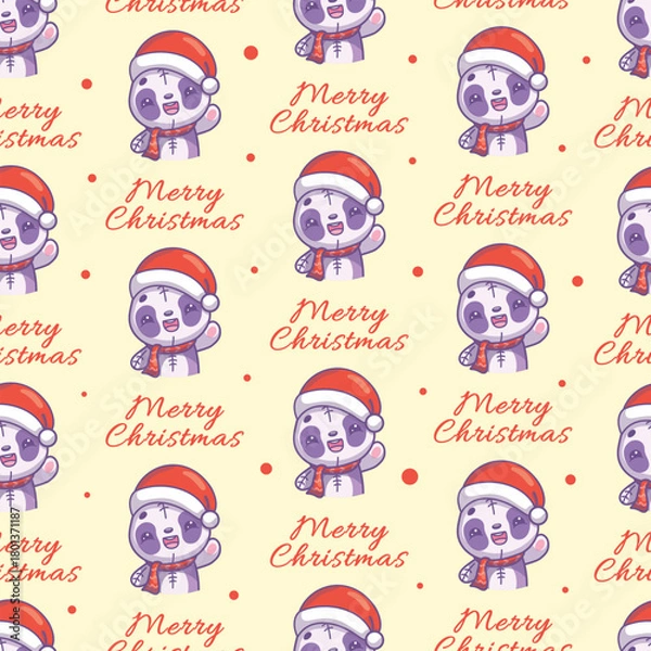 Obraz Seamless vector Christmas pattern with panda and Merry Christmas lettering on yellow background