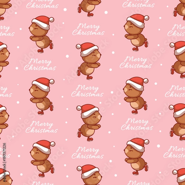 Obraz Seamless vector Christmas pattern with a bear skating, festive New Year wrapping paper