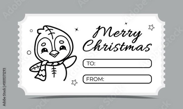 Obraz Funny Christmas invitation card with a cute penguin, vector coloring page for kids