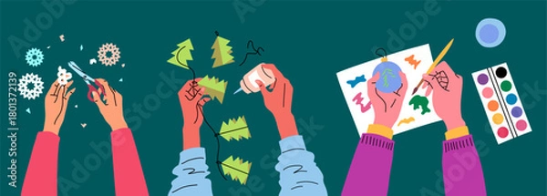 Obraz Cartoon Color Hand Making Accessories Christmas Workshop Concept Flat Design Style with Elements Thin Line. Vector illustration