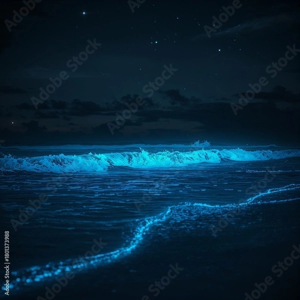 Obraz Bioluminescent Waves on Night Beach