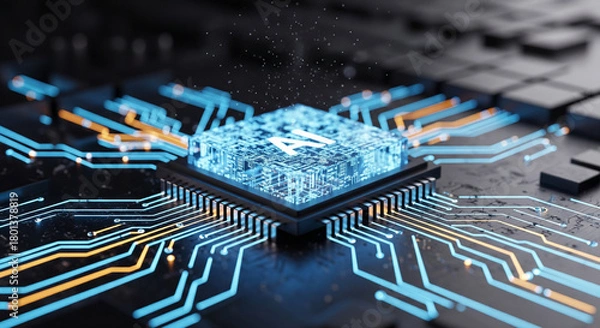 Obraz A closeup of a glowing blue ai processor chip on a circuit board.