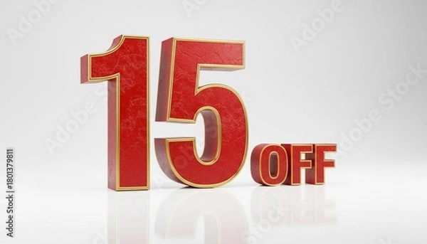 Fototapeta 3D Red and Gold 15% OFF Discount Promotion Sign on White Background