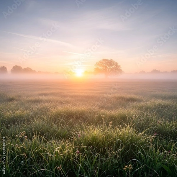 Obraz A serene sunrise over a lush grassy field with mist rising and a few trees in the distance, creating a peaceful and natural landscape scene