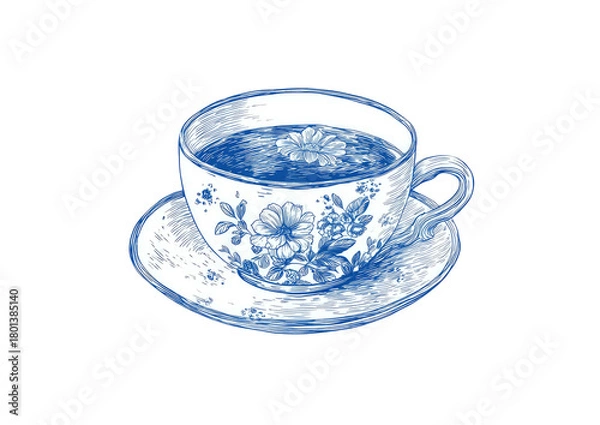 Obraz Blue and white teacup and saucer with floral design and floating flower