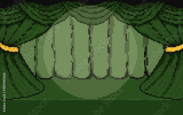Obraz A pixel art illustration of a classic theatre stage featuring heavy, draped green curtains pulled back and tied with golden rope, with under a spotlight. used for wallpaper, background, lo-fi.