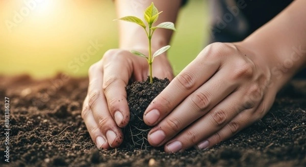 Fototapeta Hands planting a seedling in soil with a green leafy plant growing from it.