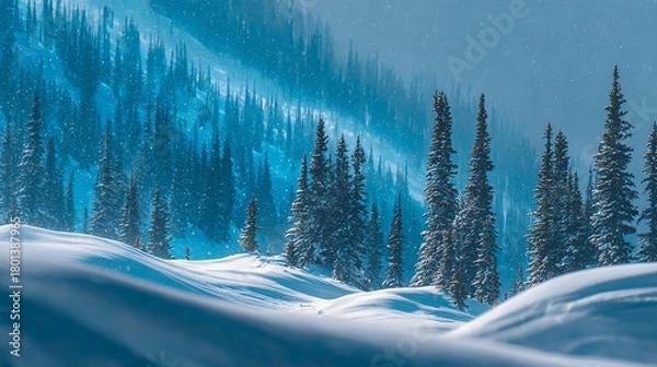 Fototapeta Snow covered evergreen trees in a winter landscape with falling snow and blue sky, winter blurred background