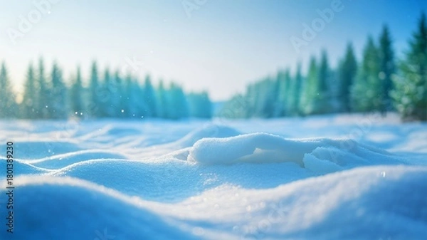Obraz Serene winter landscape with snow covered field and blurred forest background, winter blurred background