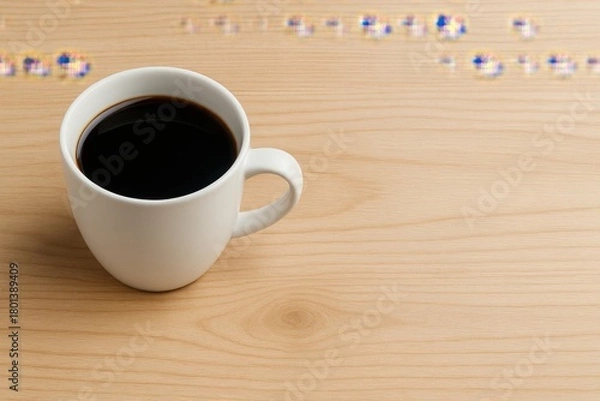 Fototapeta White coffee mug on wooden surface with digital glitch on top mix of analog warmth and digital error