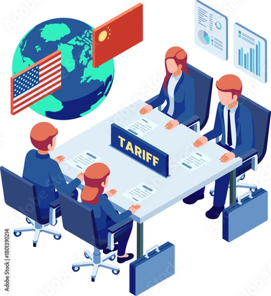 Obraz Isometric Trade War Tariff Negotiations Table