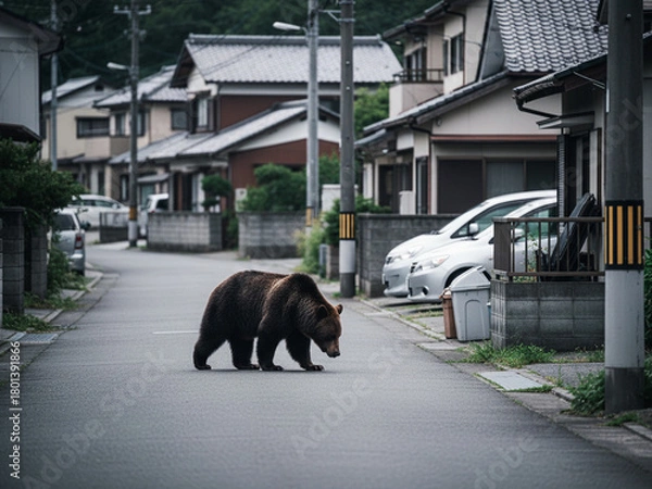 Obraz 住宅地や郊外に出没するヒグマのイメージビジュアル（AI生成）