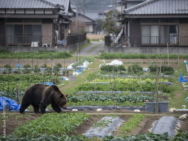 Fototapeta 住宅地や郊外に出没するヒグマのイメージビジュアル（AI生成）