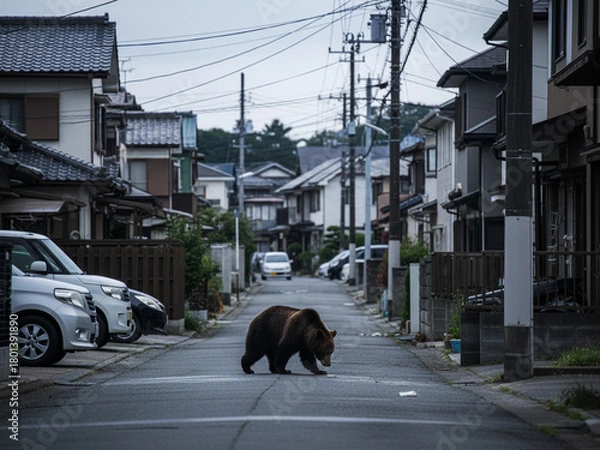 Fototapeta 住宅地や郊外に出没するヒグマのイメージビジュアル（AI生成）