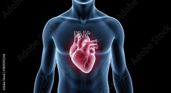 Obraz Anatomical illustration of a human heart glowing within a translucent blue torso against a black background.