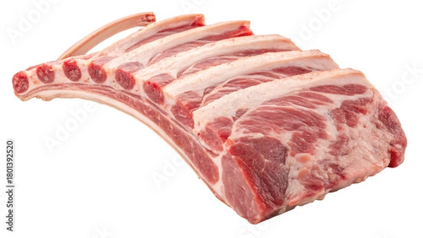 Fototapeta Rack of lamb ribs with fat and bone, raw meat isolated on transparent background