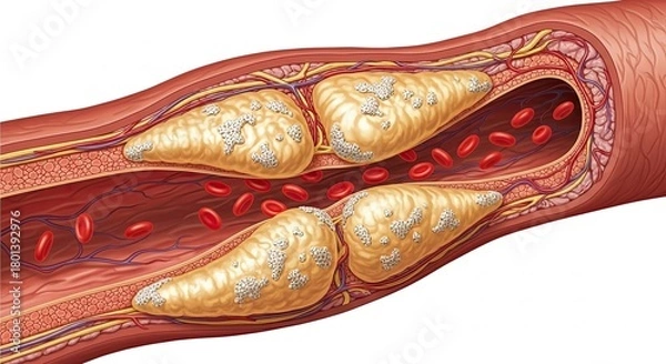 Obraz Artery blockage illustration showing cholesterol plaque buildup and blood flow.