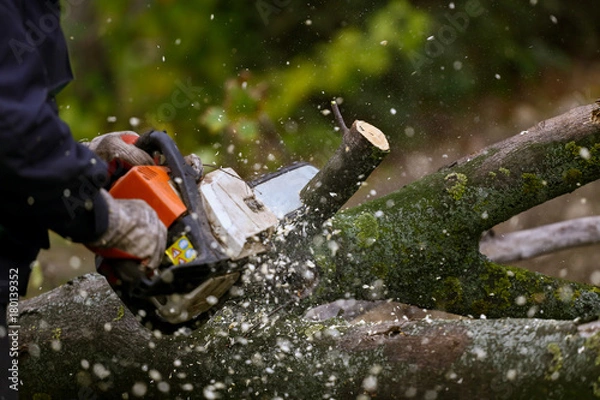 Fototapeta Cutting tree with chainsaw