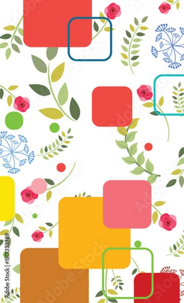 Obraz Colorful Seamless Pattern With Flowers Leaves Squares And Circles Design Illustration Vector Graphics Textile Fabric Print Wallpaper Background Surface