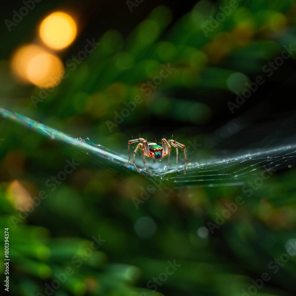 Obraz Close up of colorful Jumping Spider in web with green background