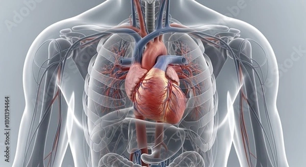 Obraz Human Heart and Circulatory System in Transparent Body.