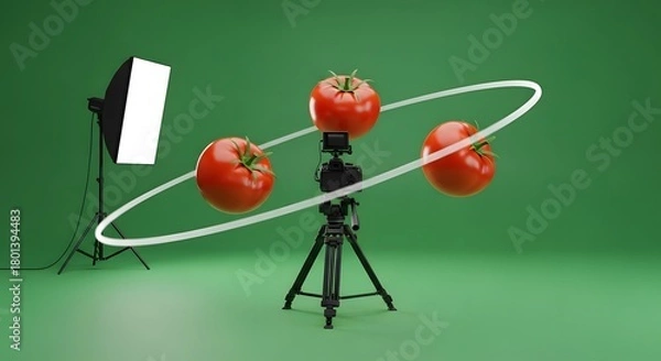 Fototapeta A professional photography studio setup featuring a camera on a tripod, a softbox light, and three tomatoes orbiting around the camera against a green background