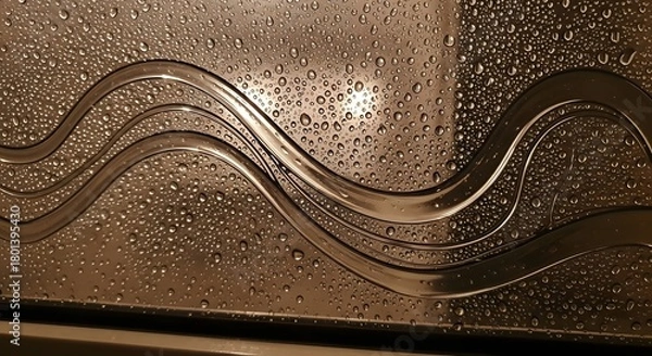 Obraz Close-up of a glass surface with water droplets and a wavy metallic design, highlighting texture and reflections in a modern setting