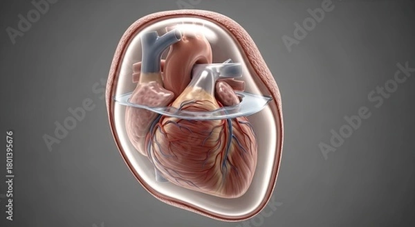 Obraz Human Heart Anatomy with Pericardial Sac and Fluid.