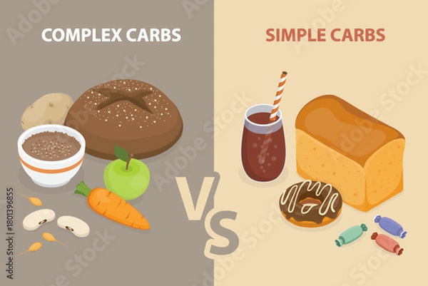 Fototapeta Complex carbs and simple carbohydrates comparison. Whole grain bread, buckwheat, beans, fruits, and vegetables versus a sugary drink, candy, and a donut. 3D flat isometric vector poster.