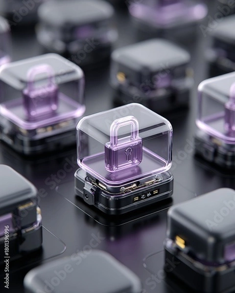 Obraz Data fortress protected by holographic firewall, padlock icon glowing, dark purple theme, 3D,