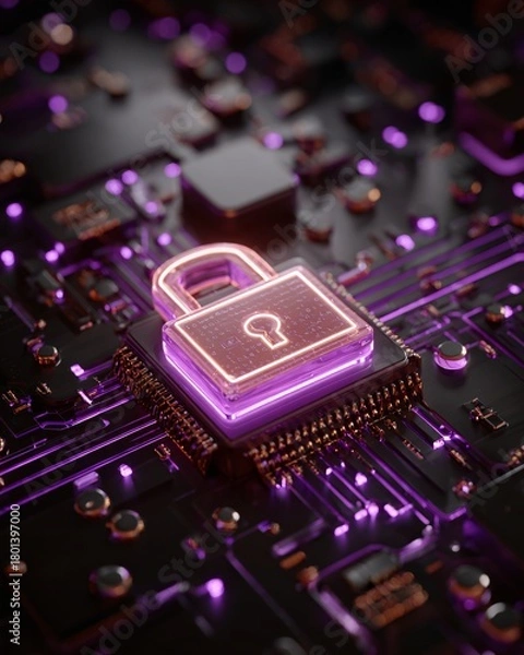 Fototapeta Data fortress protected by holographic firewall, padlock icon glowing, dark purple theme, 3D,