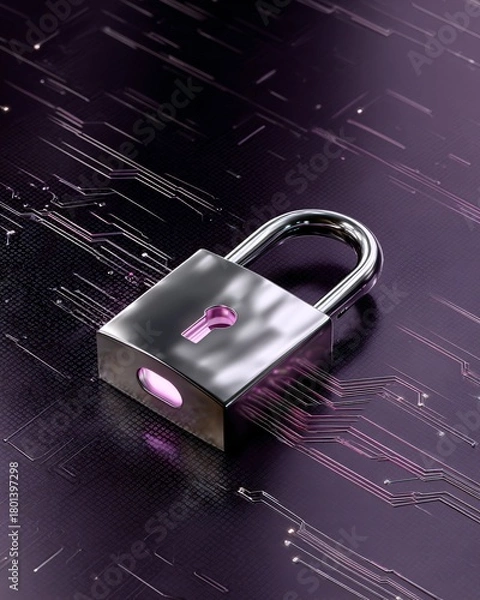 Obraz Data fortress protected by holographic firewall, padlock icon glowing, dark purple theme, 3D,