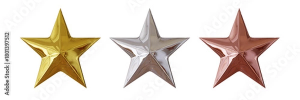 Fototapeta Gold, Silver, Bronze, Metallic Three Stars Isolated on Transparent Background