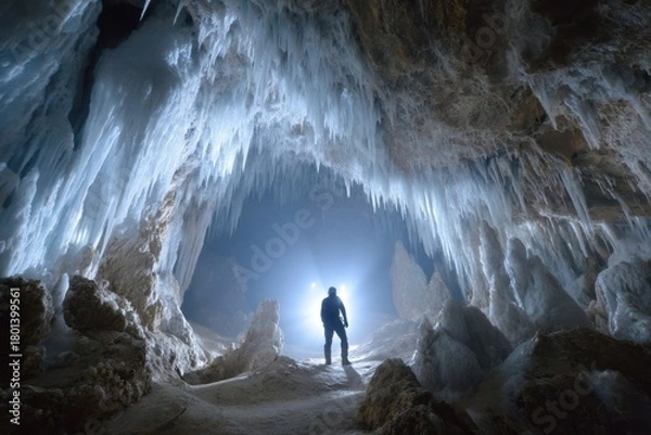 Obraz Wonders of an underground cave with dramatic ice formations and a lone explorer