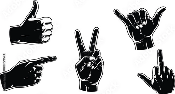 Fototapeta Hand gesture silhouettes thumbs up peace sign pointer shaka rock on middle finger, expressive human hands collection, communication symbols and 