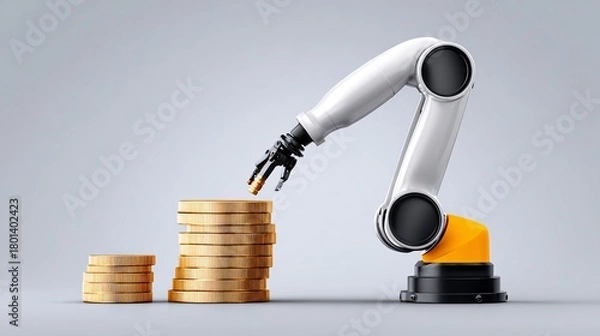 Obraz Automated factory producing gold coins and AI chips, economy automation, surreal,