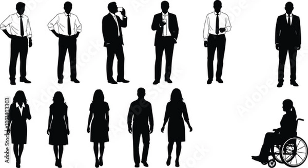 Fototapeta Business people silhouettes standing and walking, office workers men and women in formal clothes, diverse corporate team including person in w