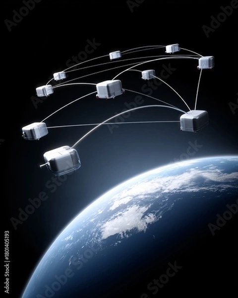 Fototapeta Global payment network floating above Earth, robotic satellites scanning transactions,