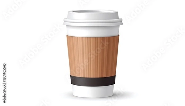 Fototapeta A white coffee cup with a brown sleeve on a white background.