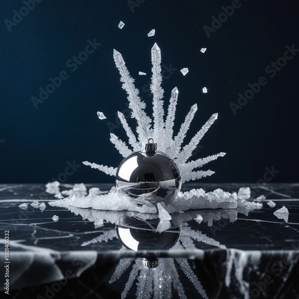 Obraz Elegant silver Christmas ornament with snow crystals on dark reflective surface