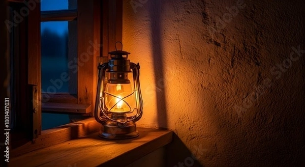 Obraz A vintage lantern emitting warm light placed on a wooden windowsill in a cozy room during nighttime, creating a peaceful and nostalgic atmosphere
