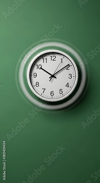 Fototapeta A modern round wall clock with black numbers and hands, showing the time as 9:09, mounted on a vibrant green wall in a well-lit environment
