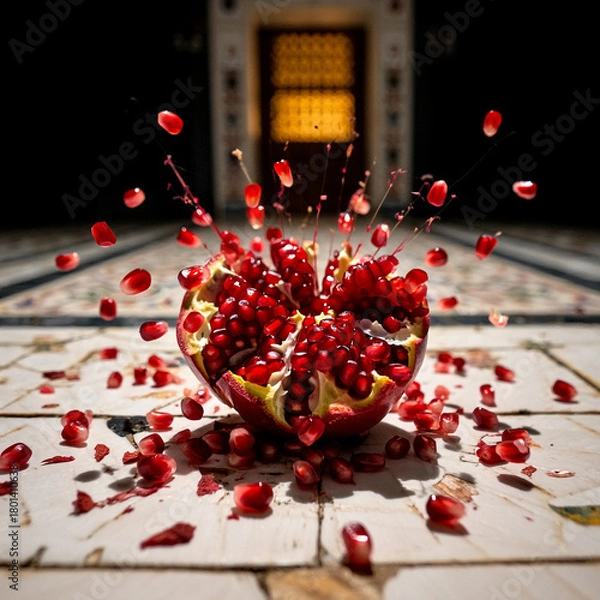 Obraz Explosion of Pomegranate Seeds Bright Red Fruit on Tiled Surface