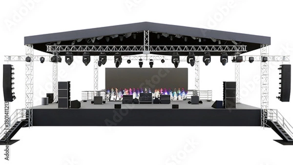 Fototapeta Outdoor Concert Stage Setup with Large LED Screen and Speakers outdoor stage lighting isolated on a transparent background