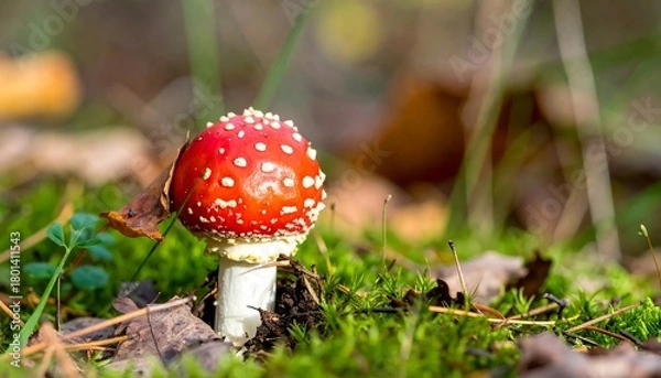 Fototapeta Vibrant Fly Agaric Mushroom in a Lush Forest Setting.