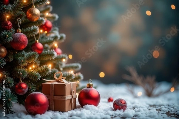 Fototapeta Christmas background with generous copyspace and holiday decorative elements