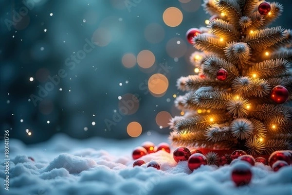 Fototapeta Christmas background with generous copyspace and holiday decorative elements