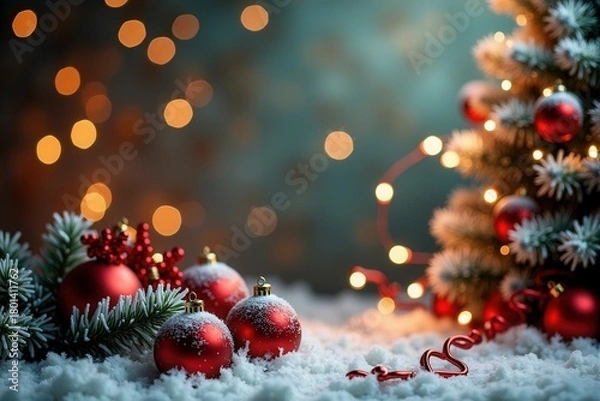 Fototapeta Christmas background with generous copyspace and holiday decorative elements