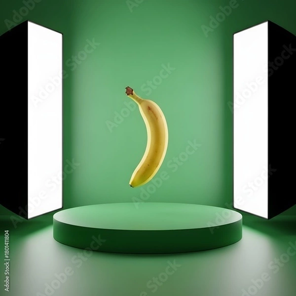 Fototapeta A ripe banana floating in mid-air between two illuminated rectangular light panels against a vibrant green background creating a surreal and modern visual effect
